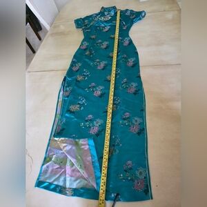 💙Chinese Dress Qipao Cheongsam Fels Squirrel Turquoise Floral Satin- XS VINTAGE